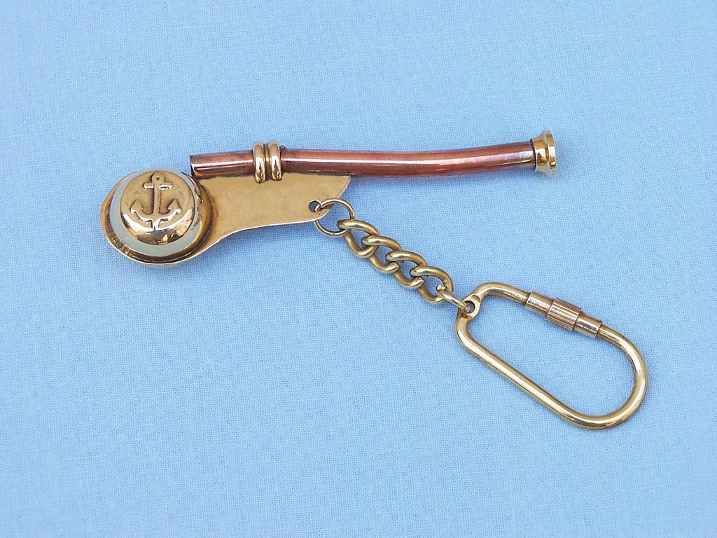 Brass Captain's Whistle w/ Anchor Design Keychain Pendant Navy 